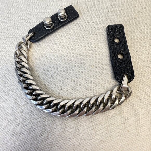 Chunky Chain & Leather Bracelet Signed JB Silver-Tone Black Biker Punk Grunge - Picture 5 of 7